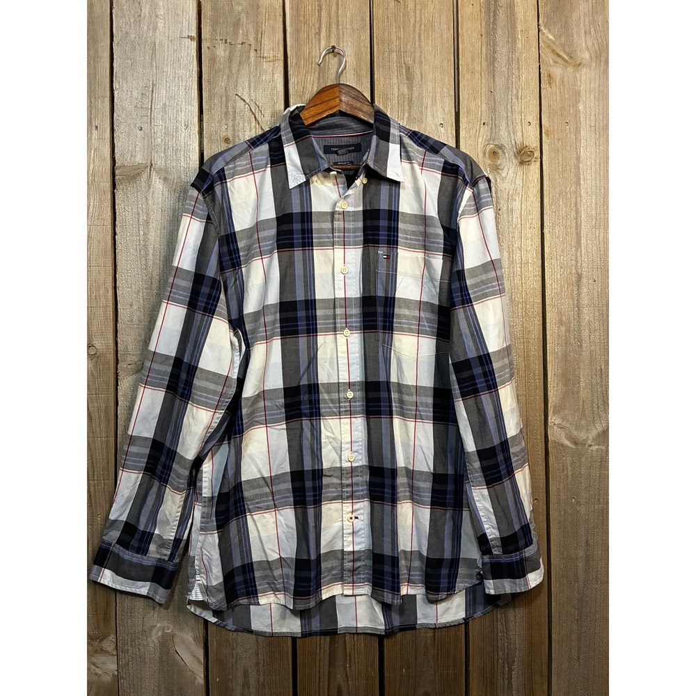 Tommy Hilfiger Mens XL Regular Fit Plaid Button Down Shirt Navy White 78JA254